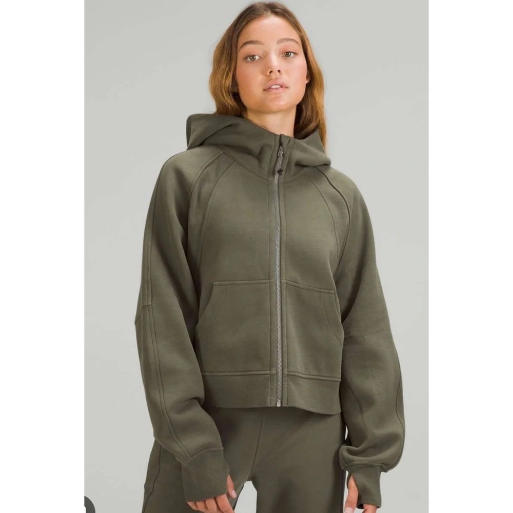 Lululemon Scuba Oversized Full Zip Hoodie M/L Olive Green Cropped Funnel Neck